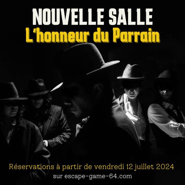 L’HONNEUR DU PARRAIN

Chers escapers, 
Nous sommes ravis de vous annoncer le lancement de notre nouvelle salle d'escape game : L'Honneur du Parrain. Comme son nom le suppose, la mafia aura une part importante de ce scénario mais pour en savoir plus il faudra venir la tester ! 🕵️

Vous pourrez réserver votre session à partir du vendredi 12 juillet 2024 sur notre site internet escape-game-64.com 

#escape #escapecastle #escapegame #bearn #chateaudelaas #nouvellesalle #nouveaujeu #nouveauté #news