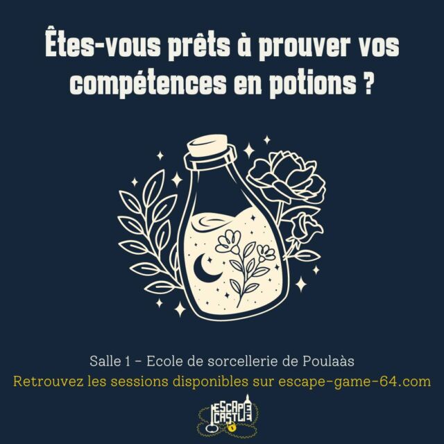 ✨VALIDEZ UNE NOUVELLE MATIÈRE ✨

La réalisation de potions magiques est l’une des disciplines les plus difficiles de l’école de sorcellerie de Poudlaàs. Elle demande adresse, précision et minutie. Cependant si vous la réussissez, c’est une place assurée à l’académie ! 🧙

#escape #escapecastle #escapegame #bearn #chateaudelaas #magie #sorciers #potions #école #epreuves