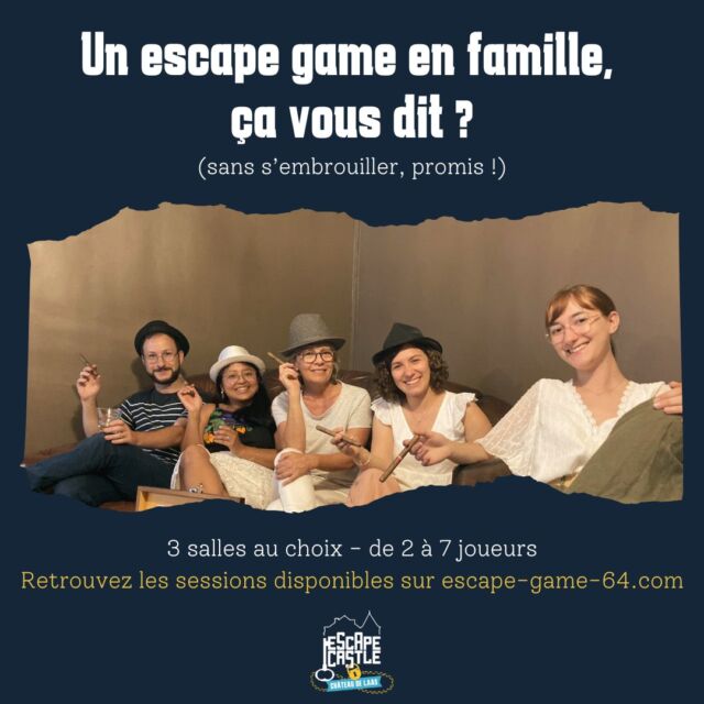 Relevez le défi en famille ! 👨‍👩‍👧‍👦
Que ce soit entre cousins/cousines, parents et enfants ou encore avec mamie, essayez l'aventure escape game en famille 🧩
Réunissez vous au cours d'une session d'1h et testez votre habileté à jouer ensemble... ne vous inquiétez pas, le maitre du jeux est là pour vous remettre sur la bonne voie 🕵

Rendez-vous sur escape-game-64.com 

 #escapegame #escaperooms #escapecastle #chateau #chateaudelaas #activitefamille #enfamille #bearn #vacances2024 #toussaint