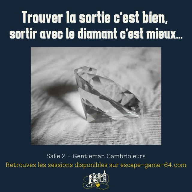 OBJECTIF : LE DIAMANT PERDU 💎

Un diamant à voler, une sortie à trouver : tout cela en une heure. Ne perdez pas de temps et venez accompagné d’une équipe de cambrioleurs professionnels pour réussir votre mission ! 🔍

#escape #escapecastle #escapegame #bearn #chateaudelaas #temps #cambriolage #echapper #horloge